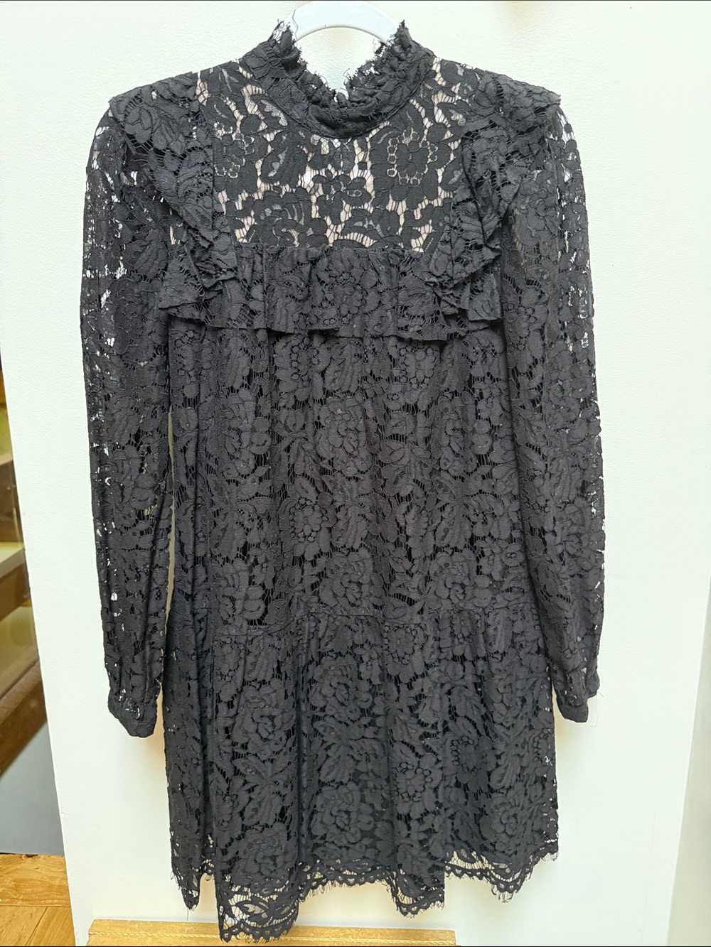BCBG Max Azria Black Lace Ruffle Neck Long Sleeve Mini Dress